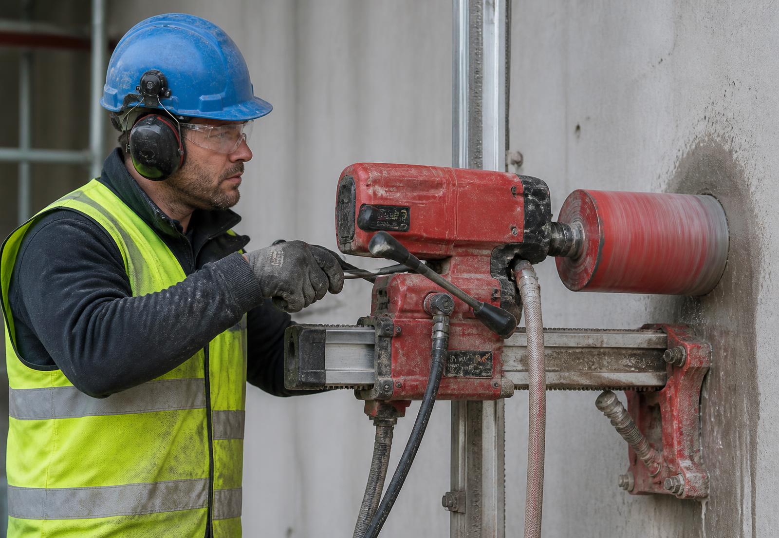 Timer and diamond core drill on a construction site representing core cutting job duration