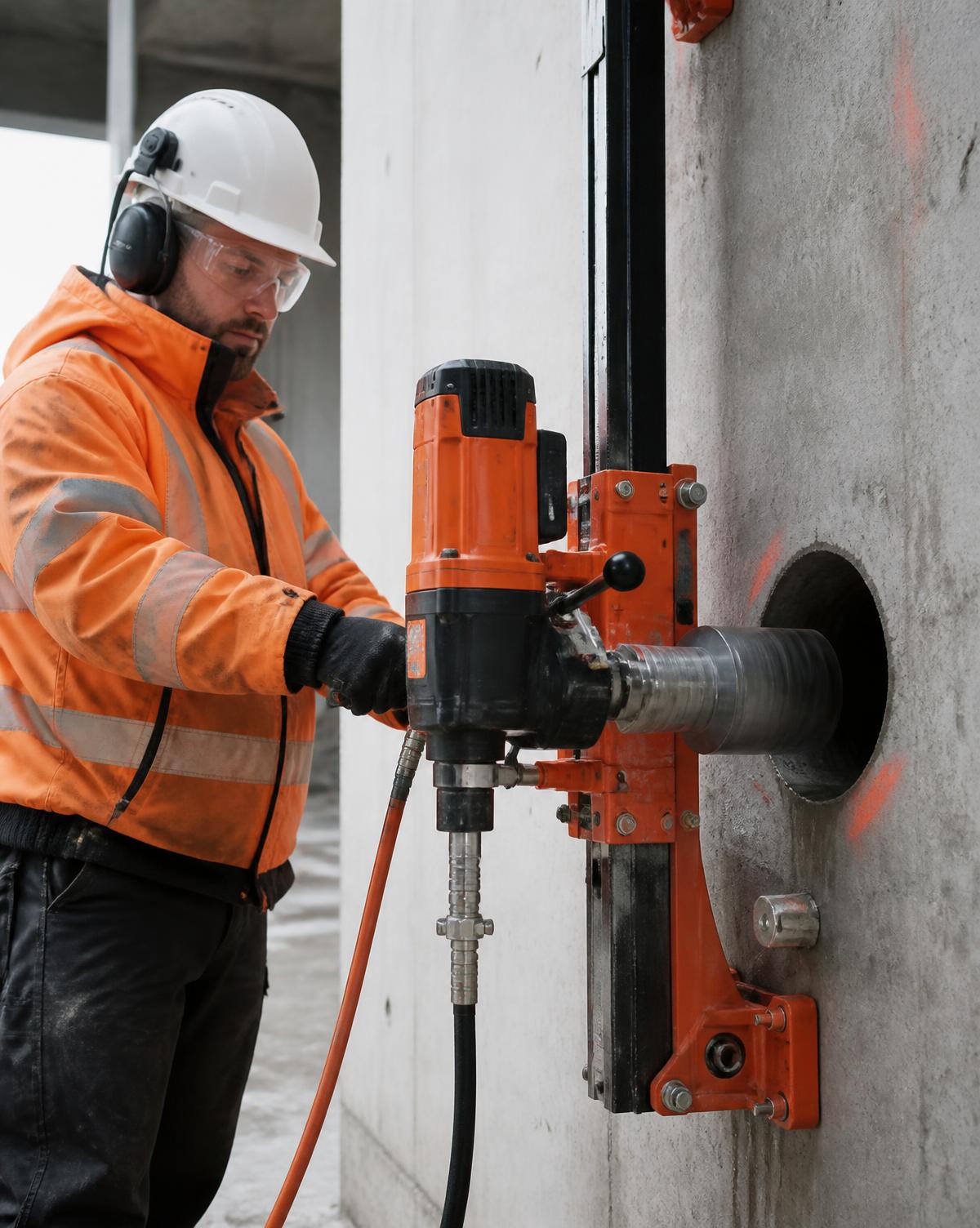 Diamond core drilling machine cutting a service opening in an occupied commercial office floor